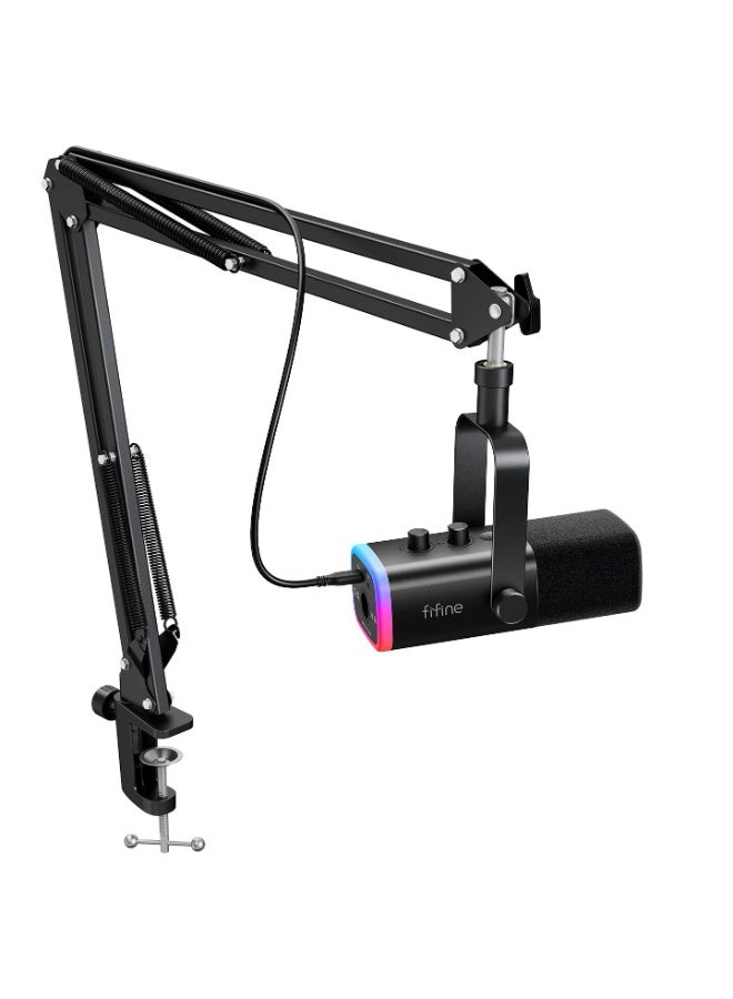 FIFINE XLR/USB Gaming Microphone Set, Dynamic PC Mic for Streaming Podcasting, Computer RGB Mic Kit with Boom Arm Stand, Mute Button, Headphones Jack, for Recording Vocal Voice-Over-AmpliGame AM8T - Image 1