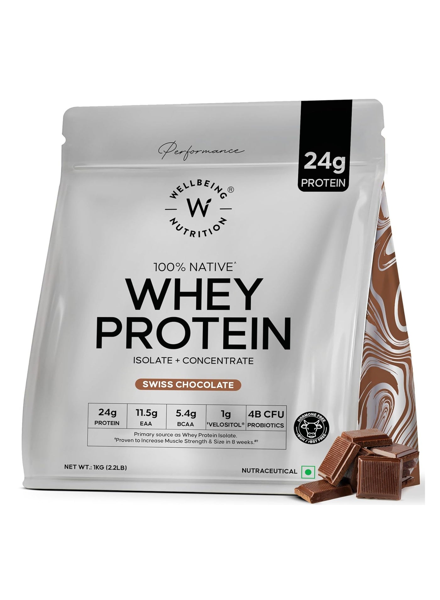 Wellbeing Nutrition Whey Protein Isolate & Concentrate 1Kg Swiss Chocolate | 24g Protein, Clinically Proven Velositol 2x Muscle Protein Synthesis, 4B CFU Probiotics & Digestive Enzymes, Easy to Digest