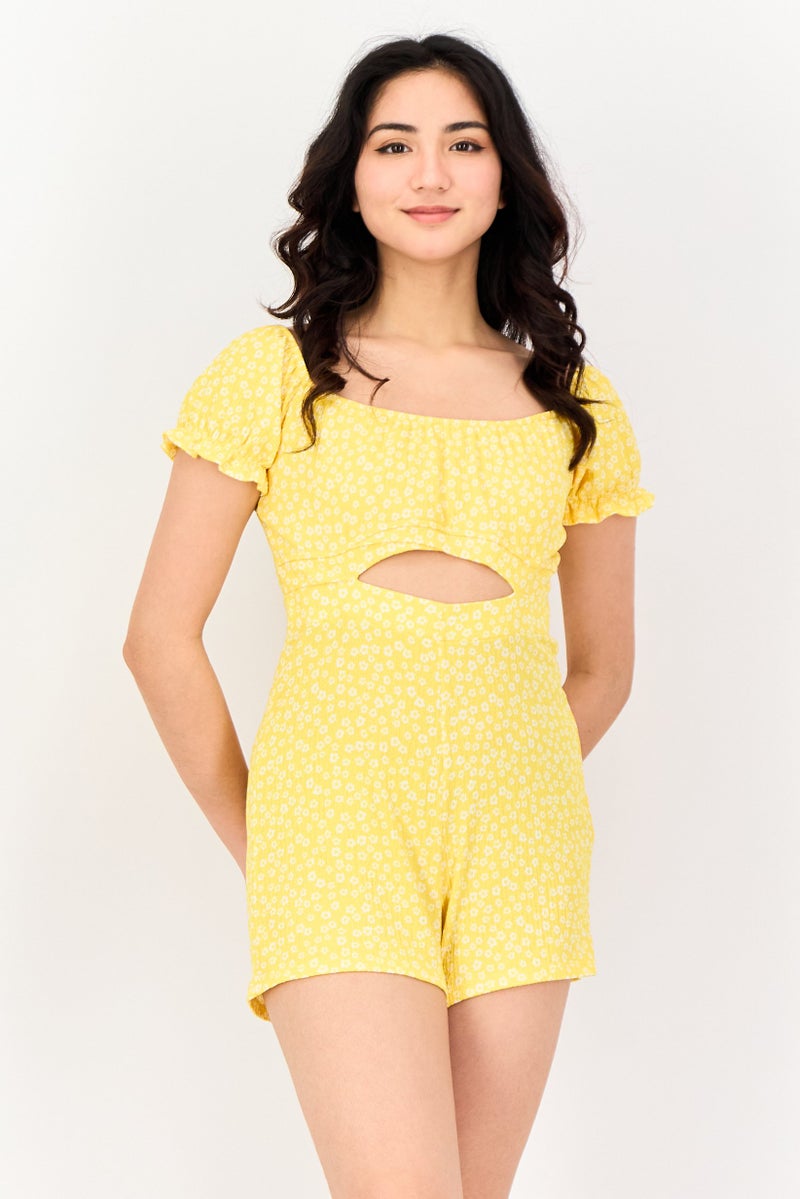 Don't Call Me Jennyfer Women Short Sleeve Floral Print Playsuit, Yellow - Image 1