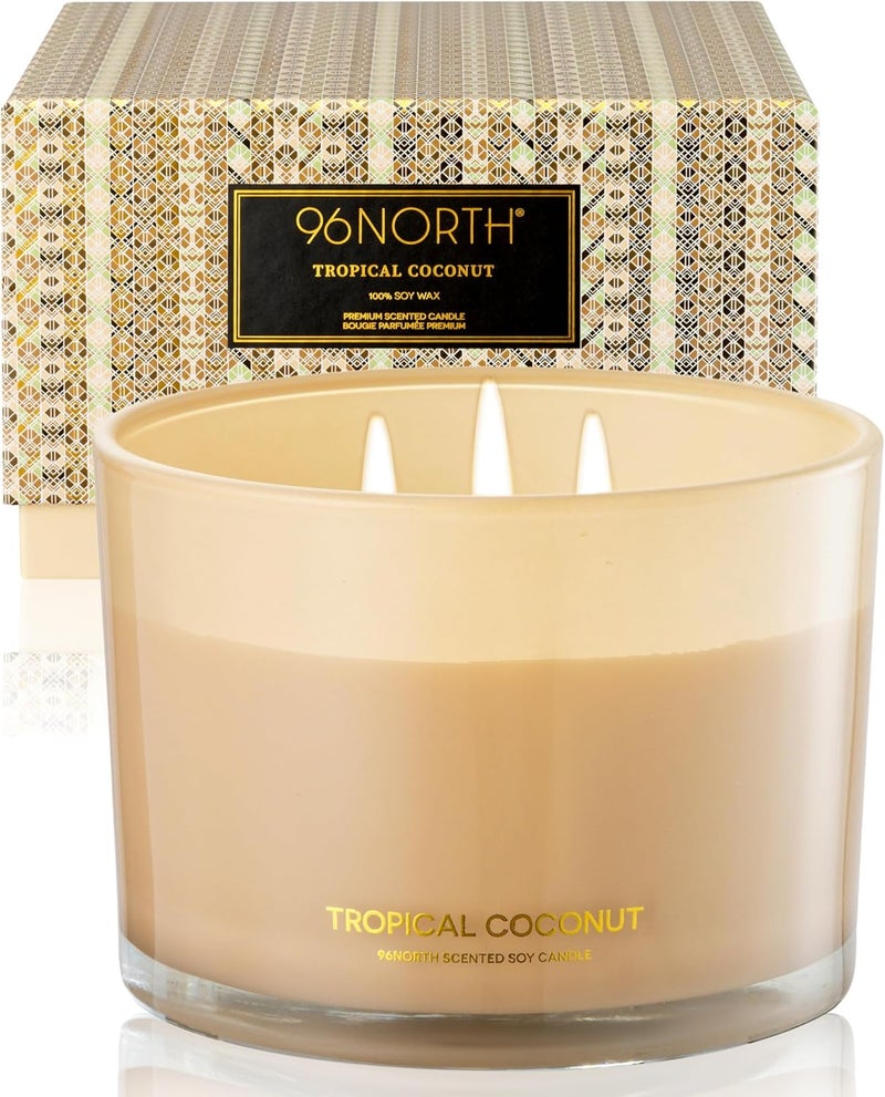 96NORTH Luxury Coconut Soy Candle | Large 3 Wick Jar Candle | Up to 50 Hours Burning Time | Tropical Beach Scented Candles for Home | 100% Natural Soy Wax | Housewarming Gift for Women and Men - Image 1