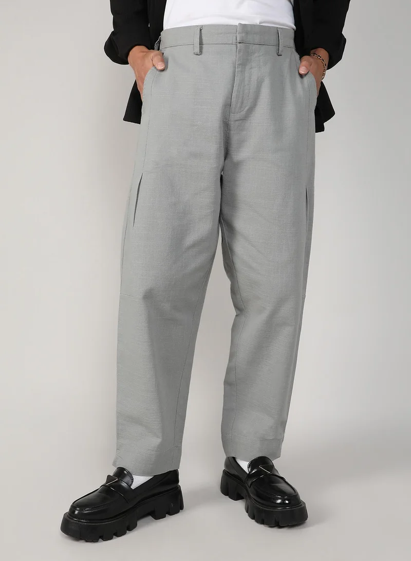 Campus Sutra Men's Moon Grey Tailored Linen-Blend Trousers