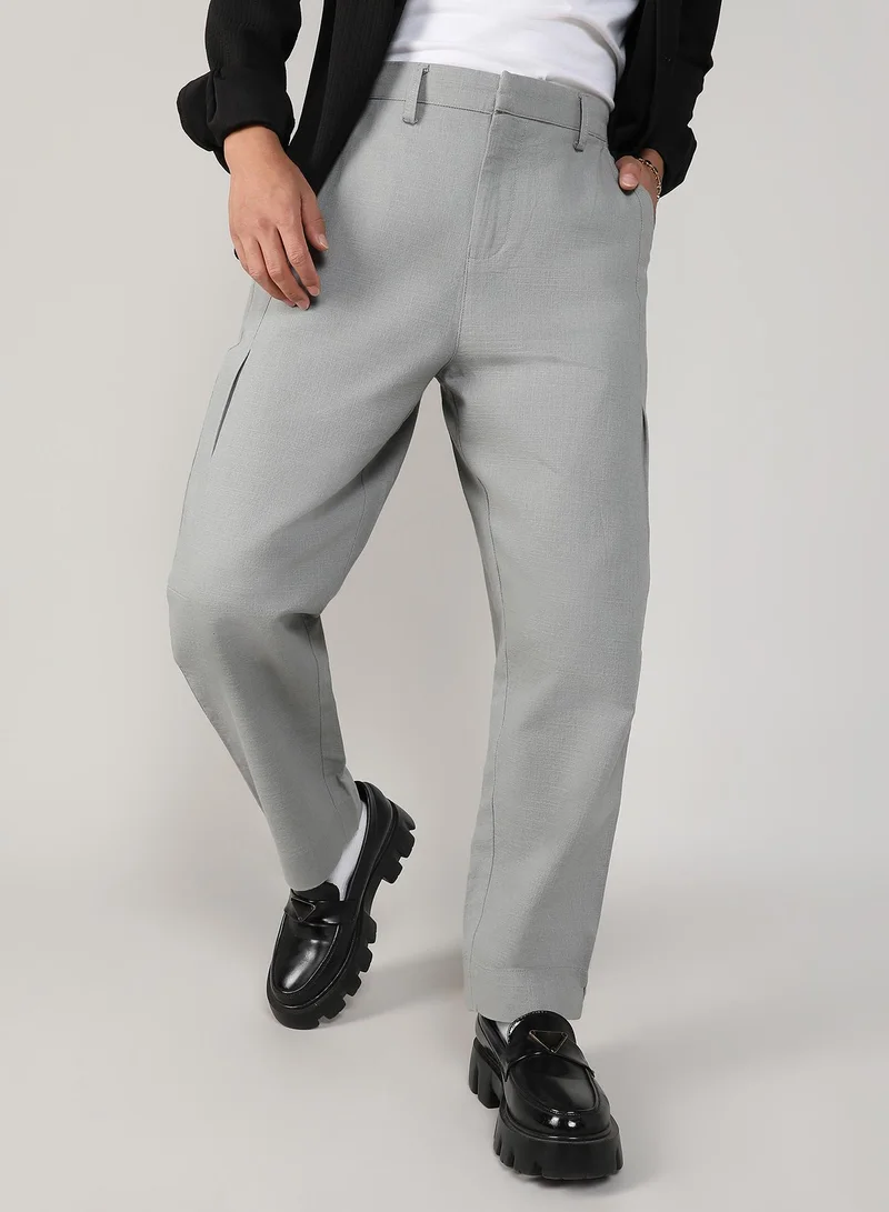 Campus Sutra Men's Moon Grey Tailored Linen-Blend Trousers