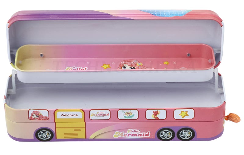 SHREE TECHNESH® Unique Metal Bus Pencil Box with Sparkling Water Gel Pen for School Girls (Pink) - Image 4