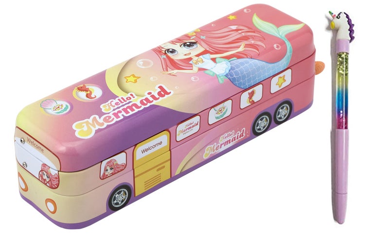 SHREE TECHNESH® Unique Metal Bus Pencil Box with Sparkling Water Gel Pen for School Girls (Pink) - Image 1