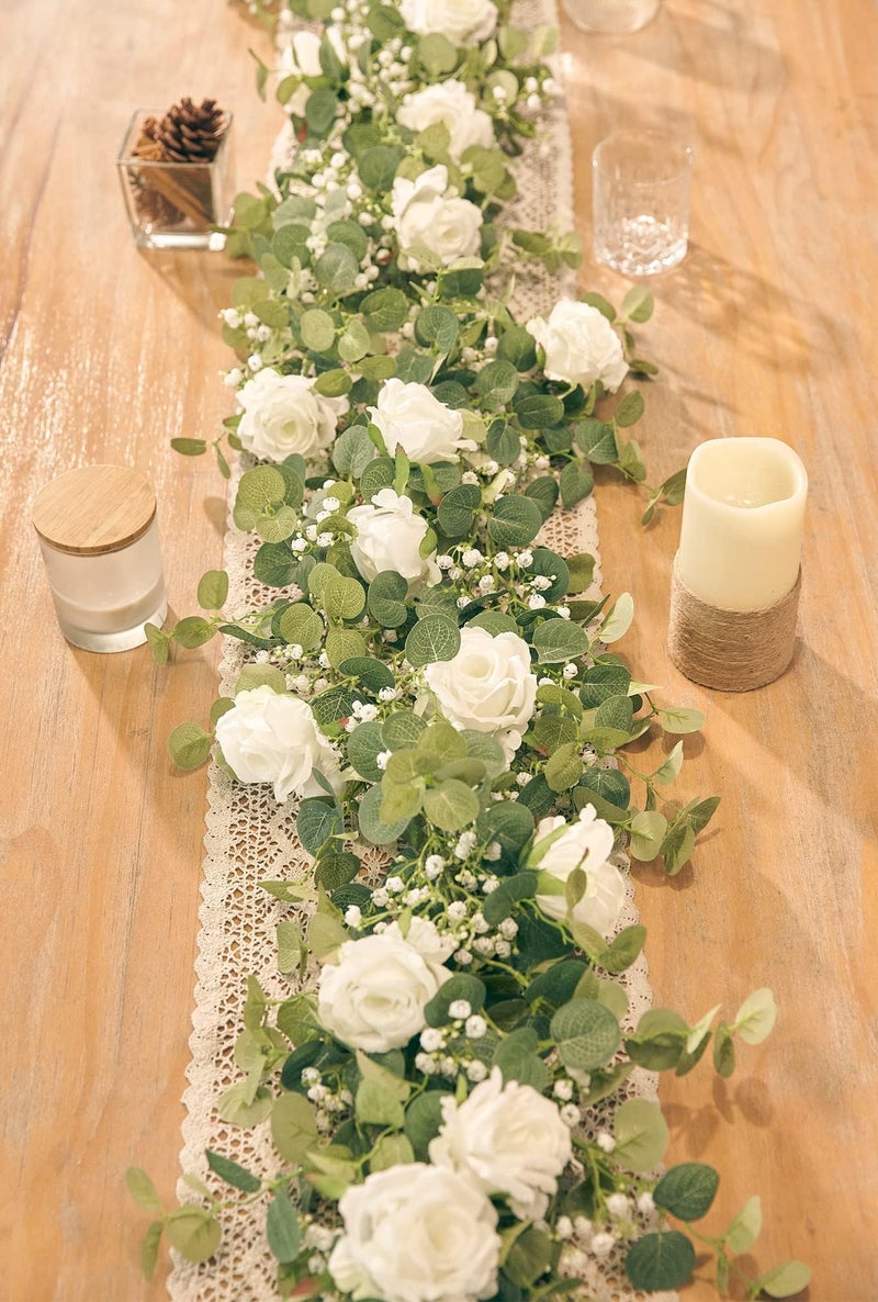 Annas Whimsy 591FT Artificial Eucalyptus Garland with Flowers Fake Flower Rose Gypsophila Faux Floral Greenery Garland for Wedding Spring Home Party Craft Art Table Runner Decor