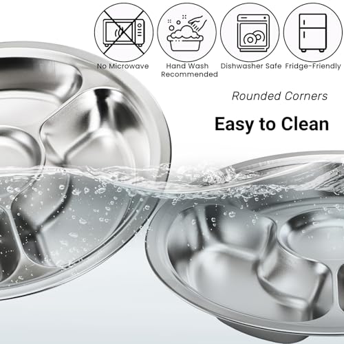 ZOOFOX مجموعة ZOOFOX من 4 أطباق مقسمة من الفولاذ المقاوم للصدأ، أطباق تحكم الحصص مع 4 أقسام، صينية تقديم دائرية، صينية مقصف، أطباق تخييم، 10 بوصات - Image 3