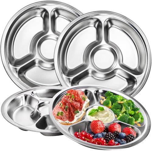ZOOFOX مجموعة ZOOFOX من 4 أطباق مقسمة من الفولاذ المقاوم للصدأ، أطباق تحكم الحصص مع 4 أقسام، صينية تقديم دائرية، صينية مقصف، أطباق تخييم، 10 بوصات - Image 1