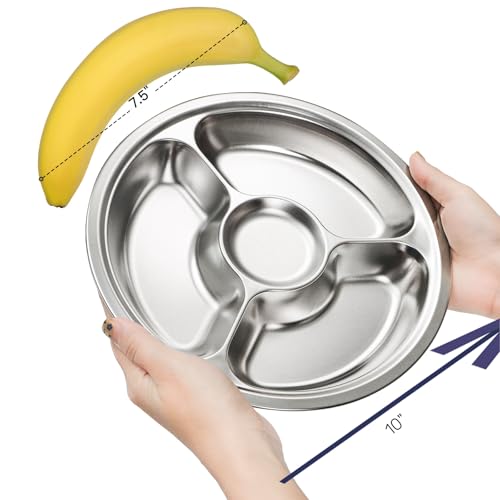 ZOOFOX مجموعة ZOOFOX من 4 أطباق مقسمة من الفولاذ المقاوم للصدأ، أطباق تحكم الحصص مع 4 أقسام، صينية تقديم دائرية، صينية مقصف، أطباق تخييم، 10 بوصات - Image 4