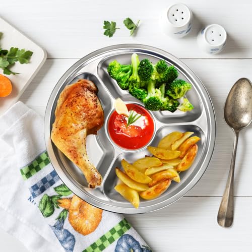 ZOOFOX مجموعة ZOOFOX من 4 أطباق مقسمة من الفولاذ المقاوم للصدأ، أطباق تحكم الحصص مع 4 أقسام، صينية تقديم دائرية، صينية مقصف، أطباق تخييم، 10 بوصات - Image 5