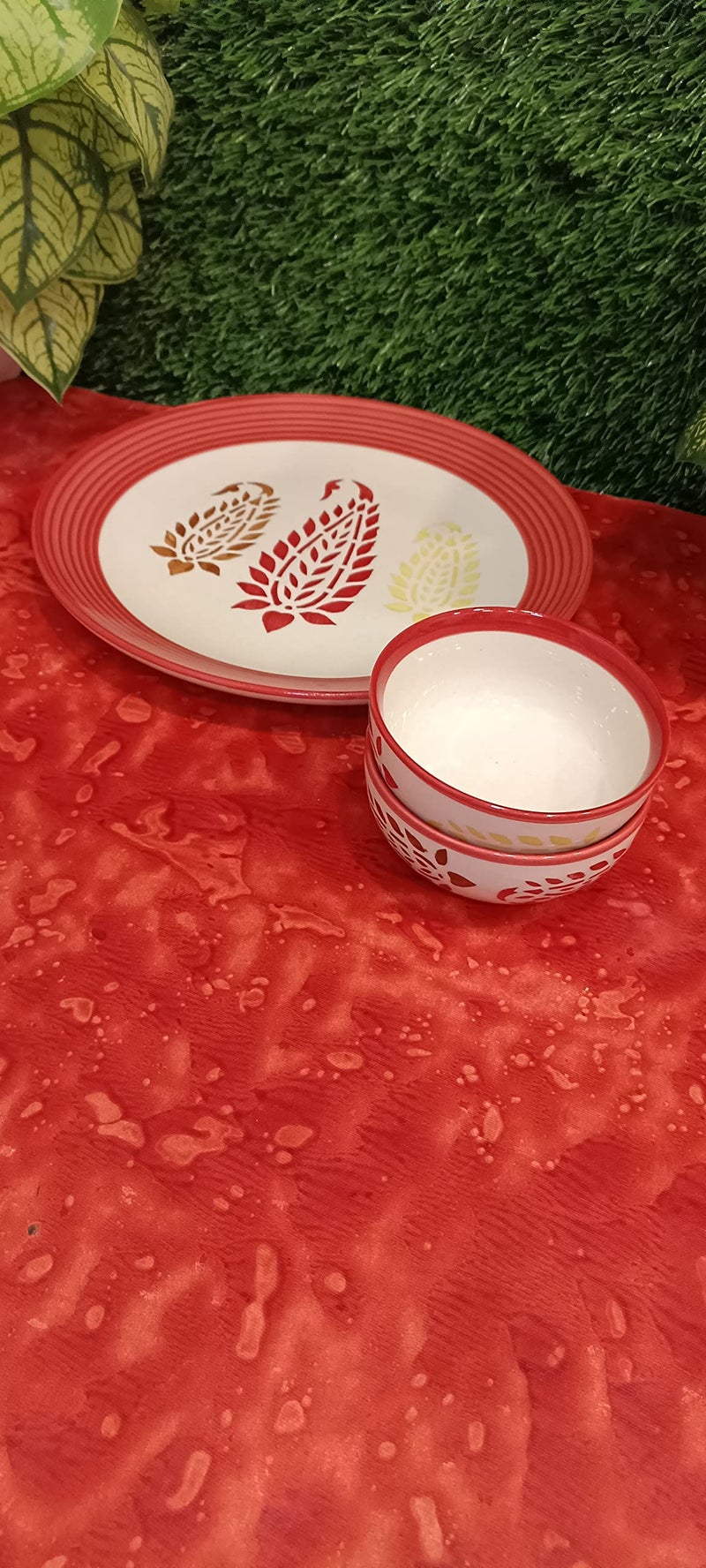 caffeine Ceramic Handmade red boota Donner Set (Set of 3pcs) - Image 1