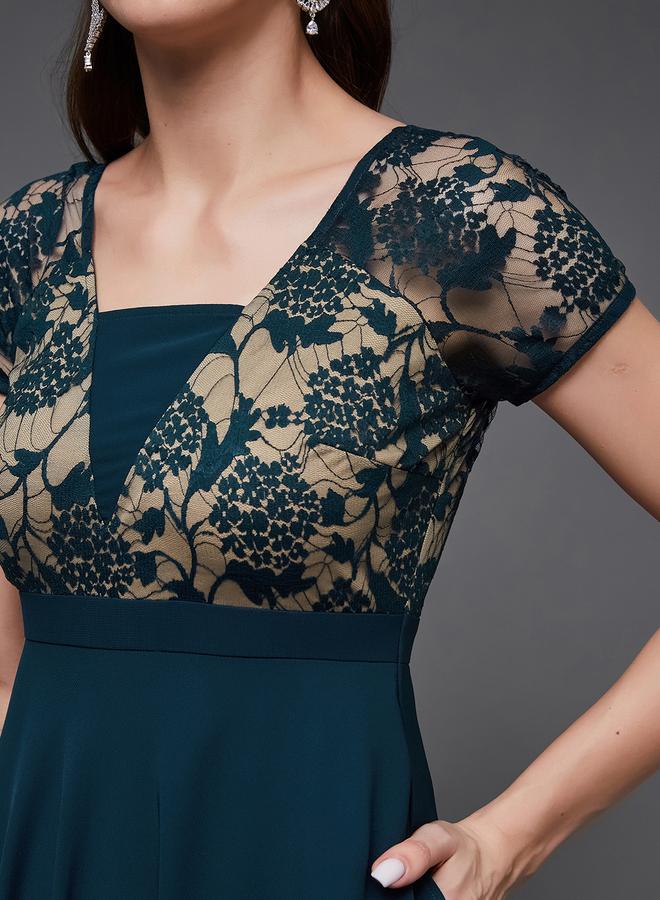 Miss Chase Green Lace Insert A-Line Maxi Dress - Image 4