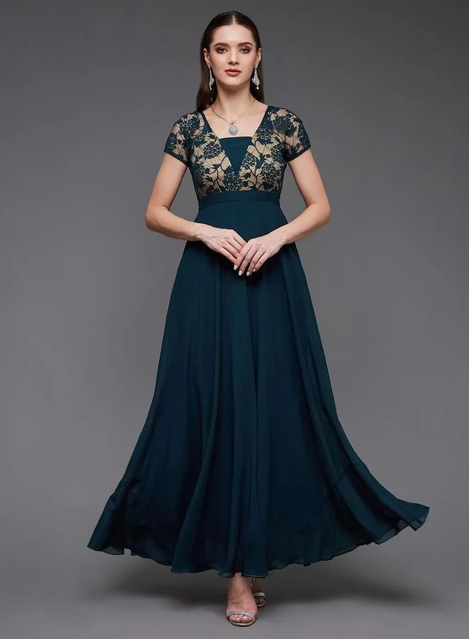 مس تشايس Miss Chase Green Lace Insert A-Line Maxi Dress
