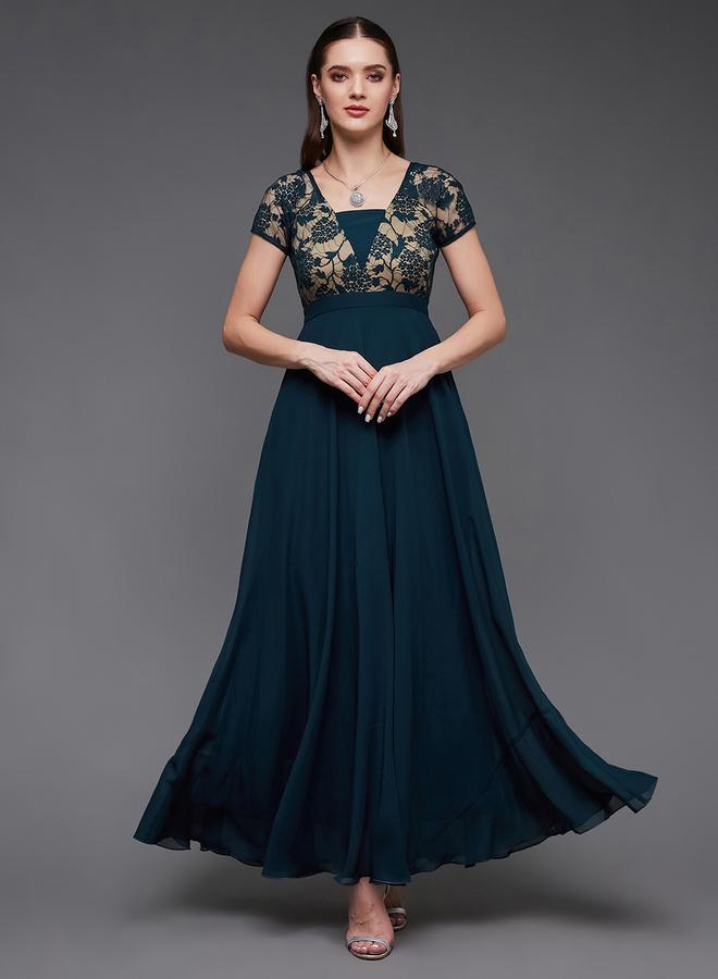 Miss Chase Green Lace Insert A-Line Maxi Dress - Image 1