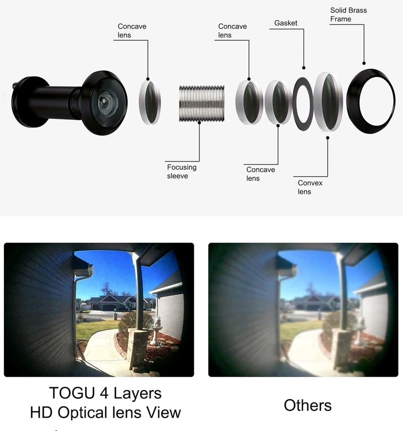 TOGU TG3016YG-BC UL Listed Solid Brass HD Glass Lens 220-degree Door Viewer Peephole with Heavy Duty Privacy Cover for 1-3/8" to 2-1/6" Doors, Matt Black Finish - Image 3