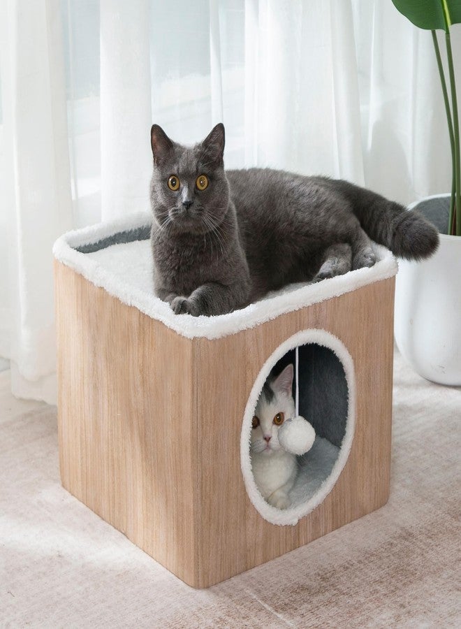 LUCKITTY بيت قطط لاكيتي مع وسائد قابلة للعكس وكرة معلقة ناعمة، مكعب قطط قابل للطي، سرير كهف كبير للقطط الصغيرة المنزلية، بنمط حبيبات الخشب البني - Image 2