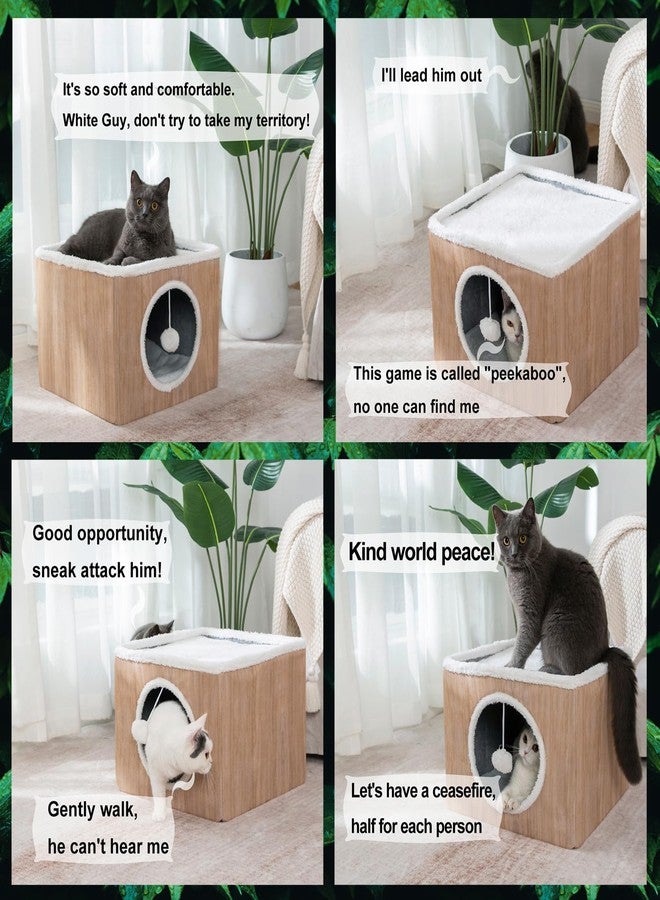 LUCKITTY بيت قطط لاكيتي مع وسائد قابلة للعكس وكرة معلقة ناعمة، مكعب قطط قابل للطي، سرير كهف كبير للقطط الصغيرة المنزلية، بنمط حبيبات الخشب البني - Image 4