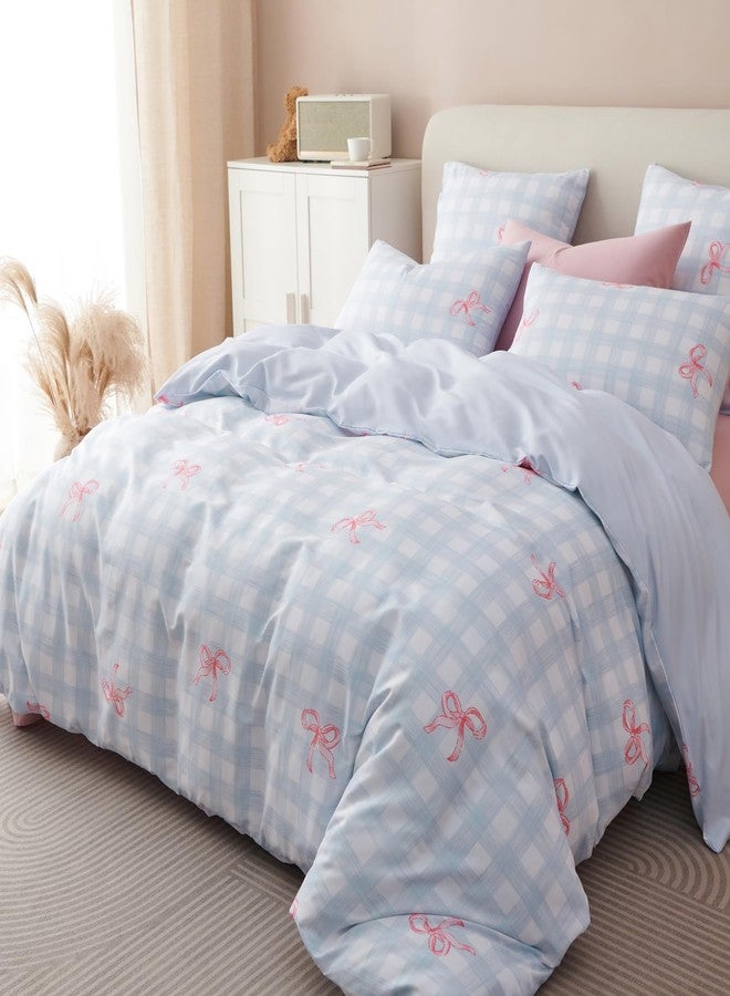Bildenly Blue Plaid Queen Comforter Set - Pink Bow Comforter Set Queen Size, Quilt Bedding Set 3 Pieces, Soft & Lightweight Comforter(90‘’ x 90‘’) for Girl All Season & 2 Pillowcases(30‘’x20‘’) - Image 1