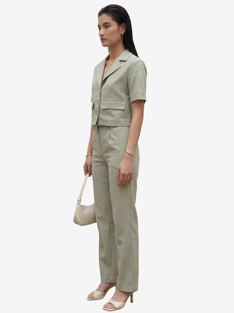 MY FASHION Sage Green MY FASHION Shirt with Pocket Detail & Pants Two-Piece Set for Women | Best Price UAE
