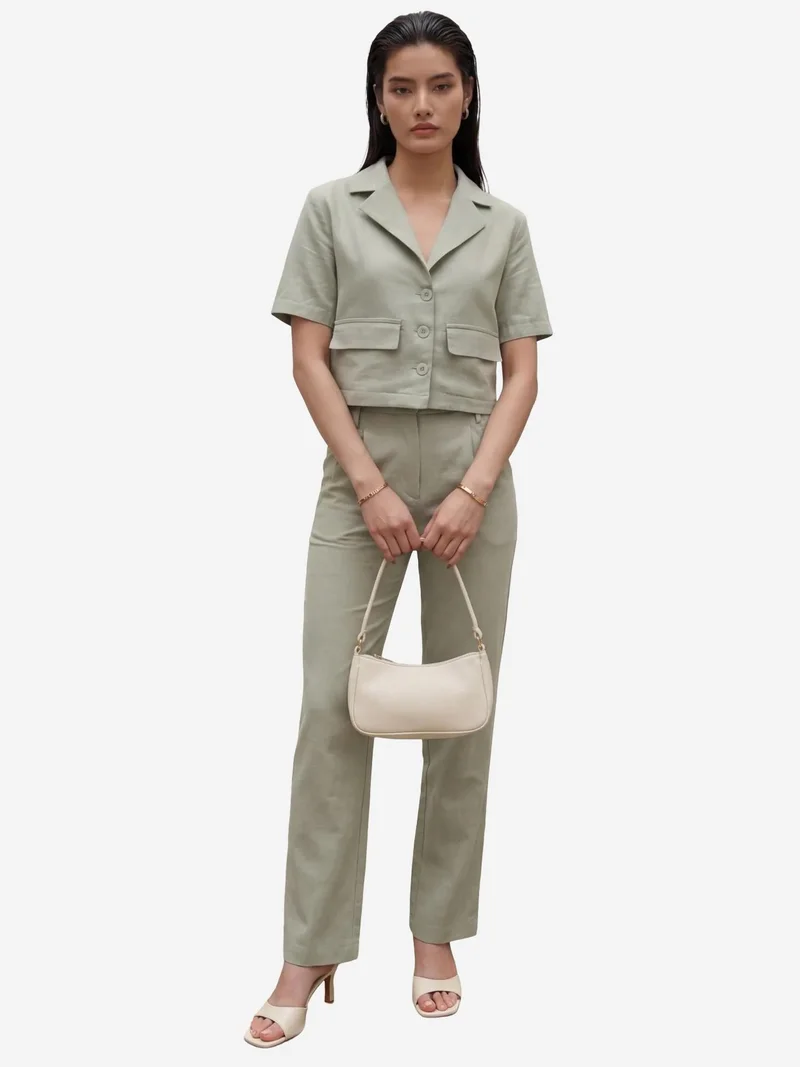 MY FASHION Sage Green MY FASHION Shirt with Pocket Detail & Pants Two-Piece Set for Women | Best Price UAE