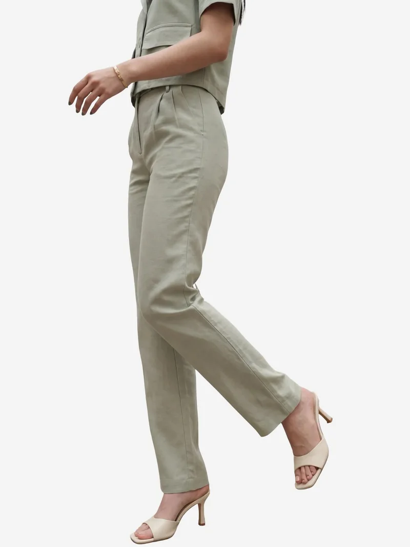 MY FASHION Sage Green MY FASHION Shirt with Pocket Detail & Pants Two-Piece Set for Women | Best Price UAE