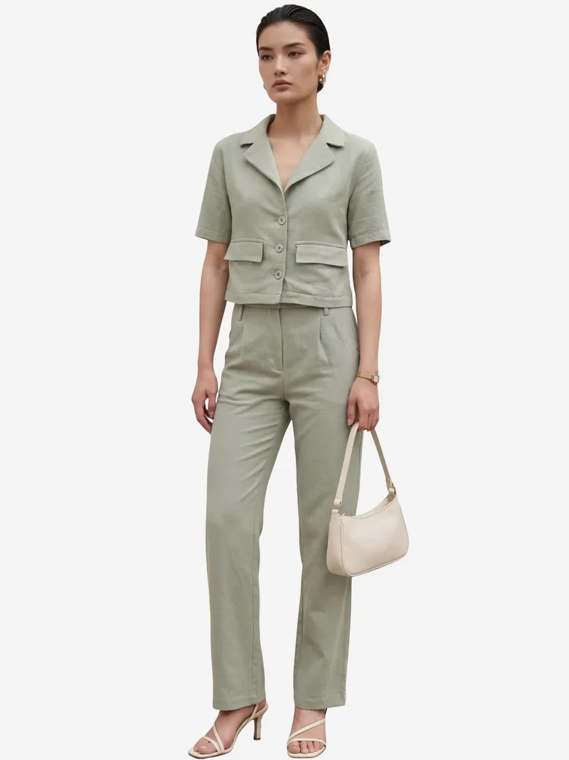 MY FASHION Sage Green MY FASHION Shirt with Pocket Detail & Pants Two-Piece Set for Women | Best Price UAE