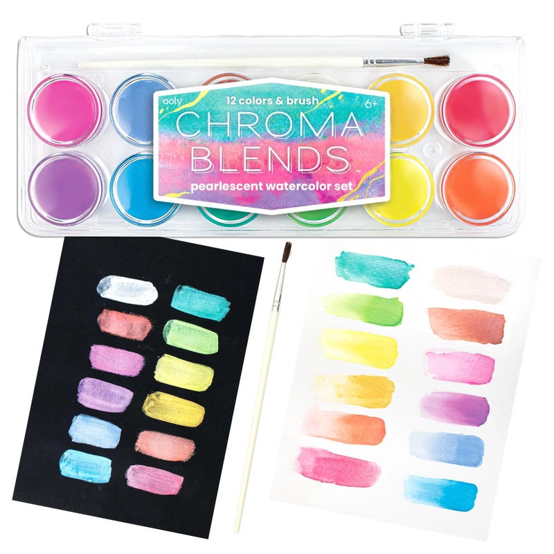 Ooly Chroma Blends Pearlescent Watercolor Set 12 Colors Watercolor Pack for Creative Kids and Adults Vibrant Colors in a Portable Case Art Supplies for Ages 6 and Up Brush Included