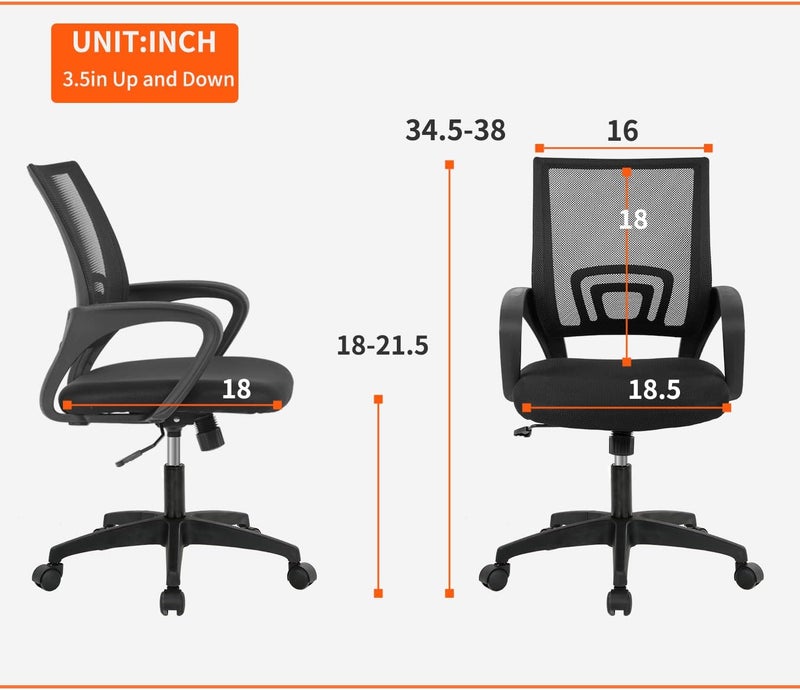 BestOffice Ergonomic Mid Back Task Chair - Mesh Office Chair with Lumbar Support, Armrest, Executive Swivel, Rolling, Adjustable, for Women & Adults, Black - Image 3