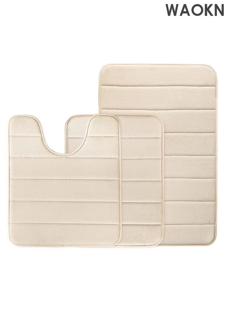 WAOKN Bathroom Rugs Sets 3 Piece, Memory Foam Bathroom Mats Set Extra Thick, Non Slip Bath Mats for Bathroom, Water Absorbent, Anti slip coral fleece floor mat,Washable Bath Rugs for Tub, Toilet and Floor,Beige. - Image 1