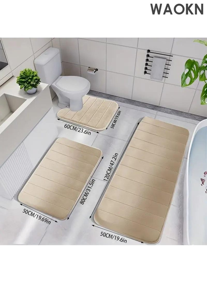 WAOKN Bathroom Rugs Sets 3 Piece, Memory Foam Bathroom Mats Set Extra Thick, Non Slip Bath Mats for Bathroom, Water Absorbent, Anti slip coral fleece floor mat,Washable Bath Rugs for Tub, Toilet and Floor,Beige. - Image 4