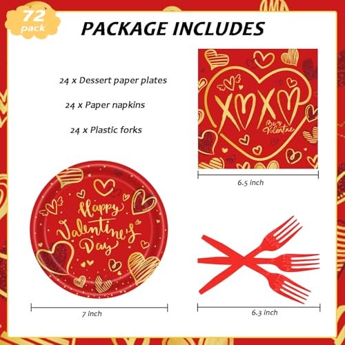 LYFREE 72Pcs Happy Valentine's Day Plates and Napkins Party Supplies Red & Gold Heart Paper Plates and Napkins with Forks 7inch Disposable Love Heart Dessert Plate Tableware Decorations for Valentines Day - Image 2
