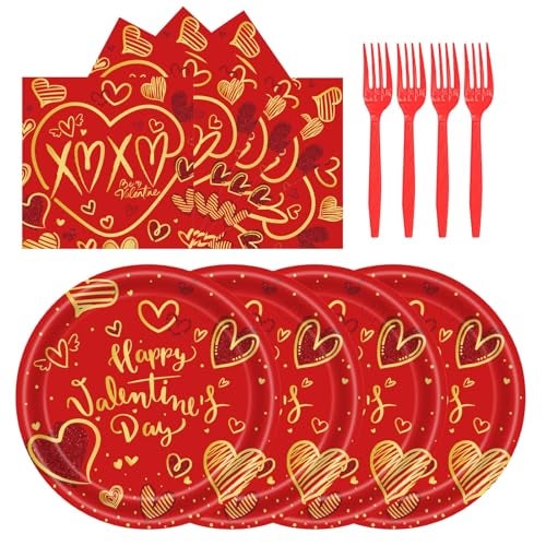 LYFREE 72Pcs Happy Valentine's Day Plates and Napkins Party Supplies Red & Gold Heart Paper Plates and Napkins with Forks 7inch Disposable Love Heart Dessert Plate Tableware Decorations for Valentines Day - Image 1