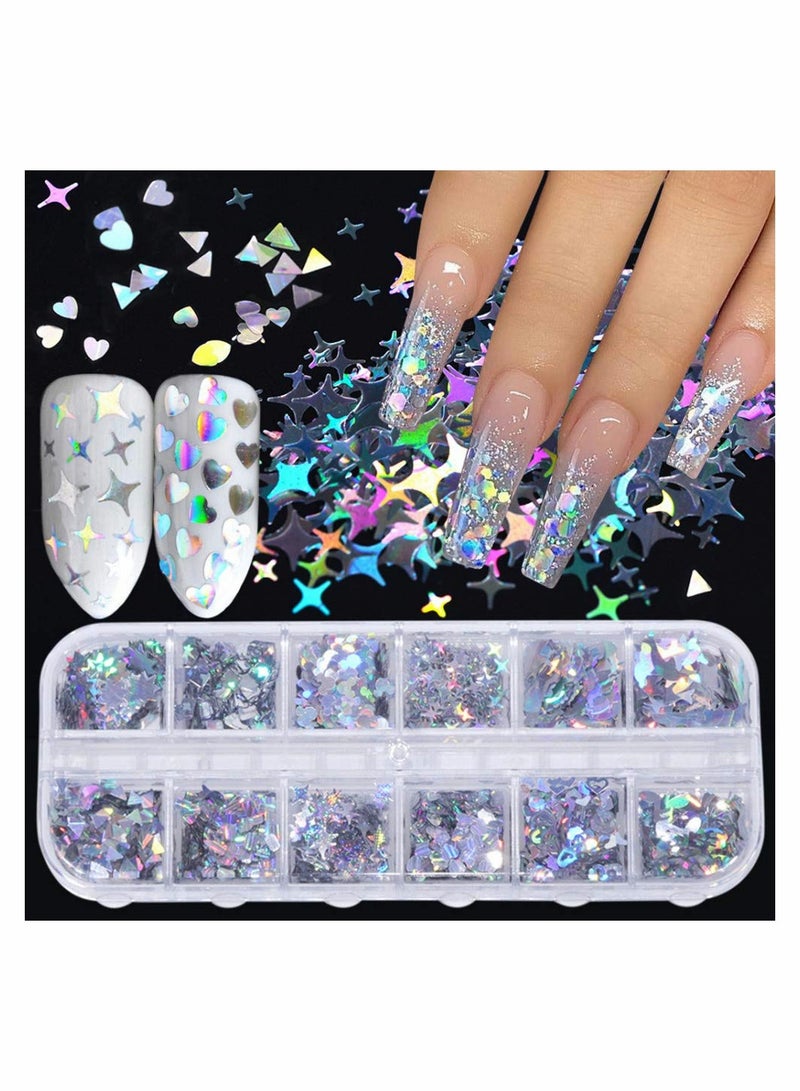 Excefore Nail Art Glitter Sequins, 12 Grids Laser Silver Nail Decals 3D - Image 1