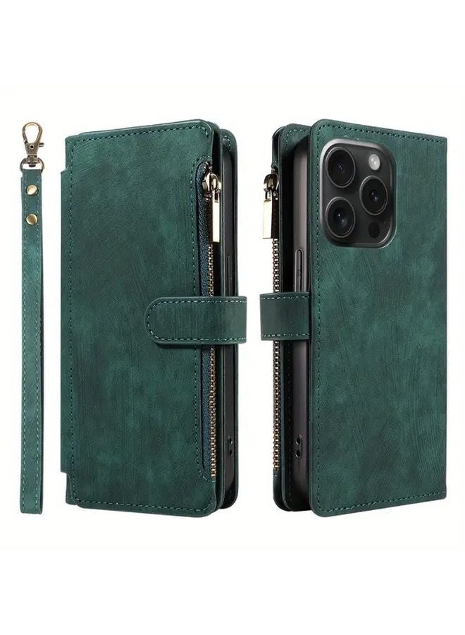 حافظة هاتف جلدية صناعية خضراء مع حامل بطاقات وحزام معصم لجهاز جالاكسي إس 24 - Image 1