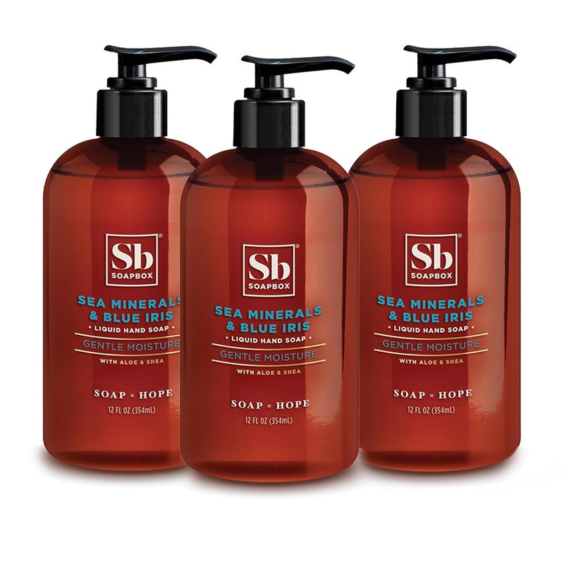 Soapbox Liquid Hand Soap Sea Minerals  Blue Iris  Hand Soap for Bathroom and Kitchen 12oz Pump Bottles Pack of 3