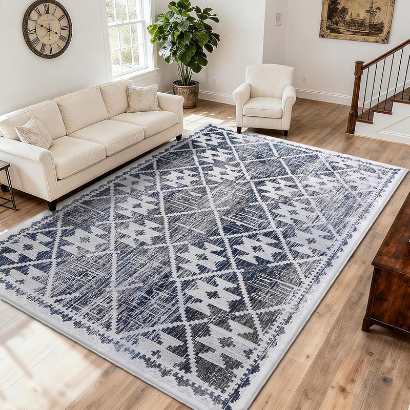 Leesentec Washable Boho Carpet for Living Room - Soft Area Rug, Non-Slip, Vintage Design (Navy Blue/Ivory, 160 x 200 cm) - Image 1