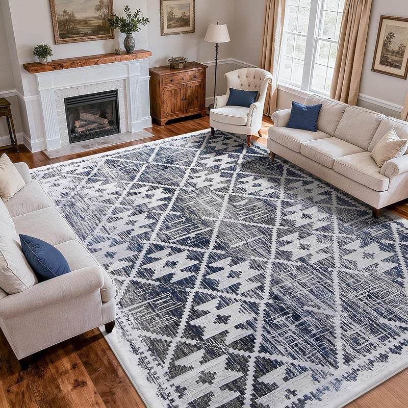 Leesentec Washable Boho Carpet for Living Room - Soft Area Rug, Non-Slip, Vintage Design (Navy Blue/Ivory, 160 x 200 cm) - Image 3