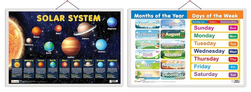 GoWoo Set of 2 Solar System and MONTHS OF THE YEAR AND DAYS OF THE WEEK Early Learning Educational Charts for Kids | 20"X30" inch |Non-Tearable and Waterproof | Double Sided Laminated | Perfect for Homeschooling, Kindergarten and Nursery Students - Image 1