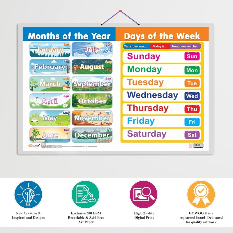 GoWoo Set of 2 Solar System and MONTHS OF THE YEAR AND DAYS OF THE WEEK Early Learning Educational Charts for Kids | 20"X30" inch |Non-Tearable and Waterproof | Double Sided Laminated | Perfect for Homeschooling, Kindergarten and Nursery Students - Image 4