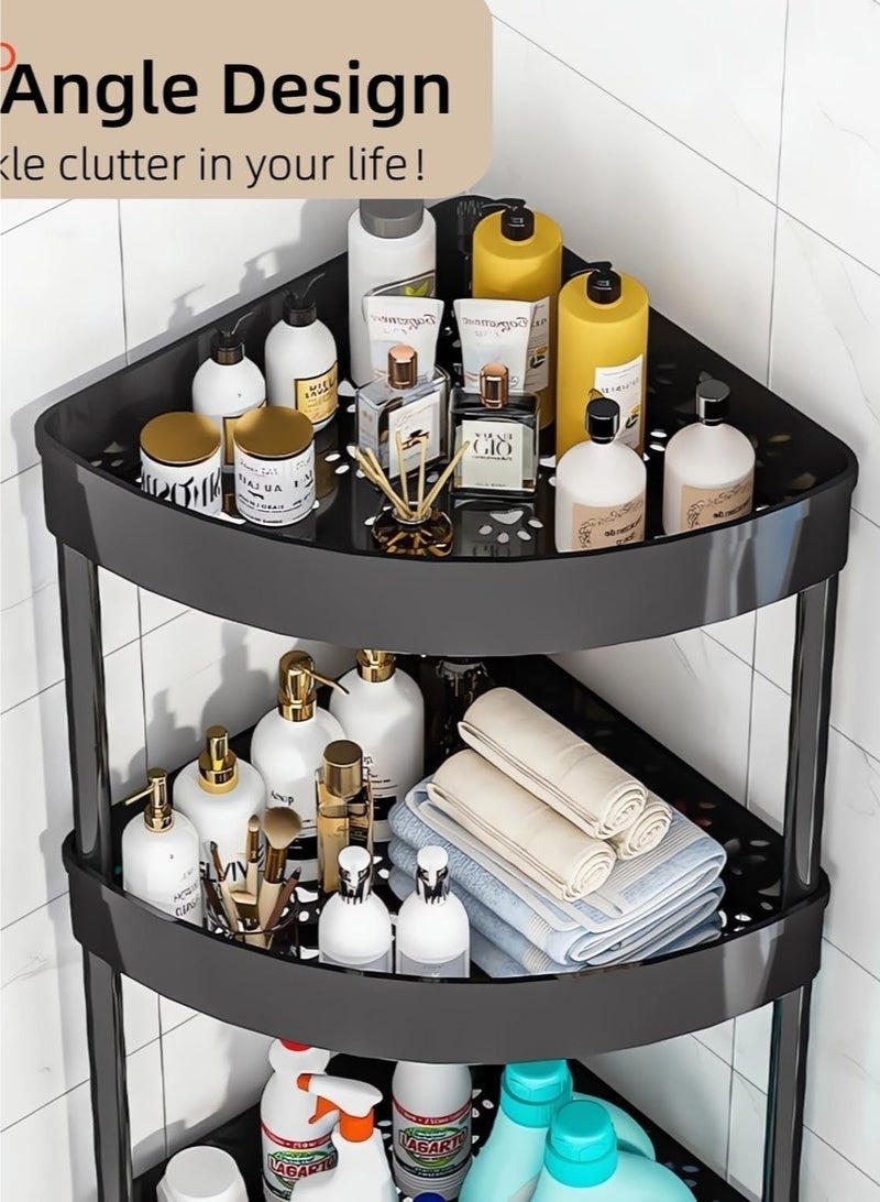 رف بلاستيكي رفوف الحمام الركنية ، أرفف دش العلبة الزاوية ، أرفف دش الحمام وحدة عربة مع عجلة ، عربة تخزين مفتوحة مقاومة للصدأ للحمام ، المطبخ (أسود ، 4 طبقات) - Image 4