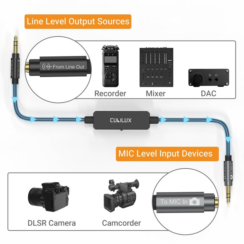 Cubilux 3.5mm TRS Line to Microphone Attenuator Cable, 3-Level (-10dB/-20dB/-30dB) Attenuation MIC Cord for DSLR Camera, Camcorder, 1 Feet - Image 4