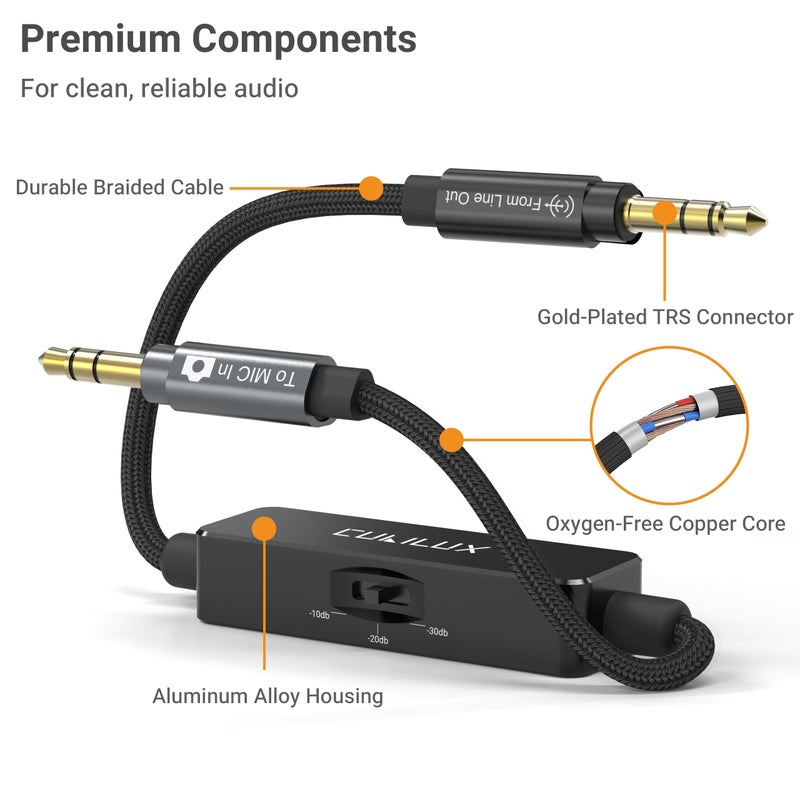 Cubilux 3.5mm TRS Line to Microphone Attenuator Cable, 3-Level (-10dB/-20dB/-30dB) Attenuation MIC Cord for DSLR Camera, Camcorder, 1 Feet - Image 3