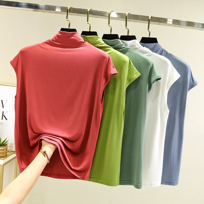 Modal Sleeveless T-shirt Spring and Autumn Interior Western Style Slimming Semi-high Collar Base Shirt Thin All-match Solid Color Top - Image 4