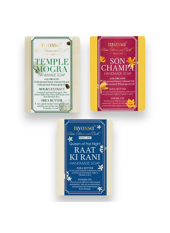 Nyassa Organic Indian Floral Collection Of 3 Soaps 75Grm Buy Temple Mogra Raat Ki Rani Combo & Get 1 Son Champa Soap Free Buy 2 Get 1 Free All Available In 75 Grm - Image 1