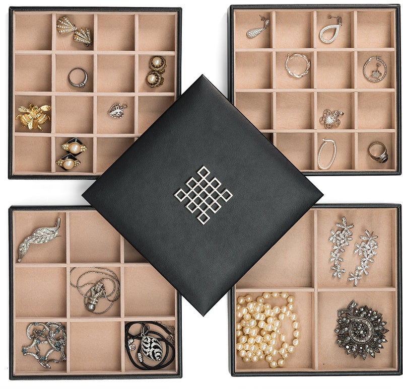 Glenor Co Earring Organizer Tray - 4 Stackable Trays with Lid -45 Slot Classic Jewelry Storage Display Case for Drawer or Dresser - Holder for Earring Ring or Necklace - Large Mirror - Black - Image 1