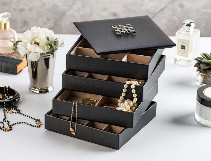 Glenor Co Earring Organizer Tray - 4 Stackable Trays with Lid -45 Slot Classic Jewelry Storage Display Case for Drawer or Dresser - Holder for Earring Ring or Necklace - Large Mirror - Black - Image 2