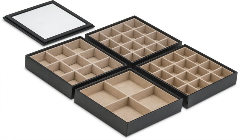 Glenor Co Earring Organizer Tray - 4 Stackable Trays with Lid -45 Slot Classic Jewelry Storage Display Case for Drawer or Dresser - Holder for Earring Ring or Necklace - Large Mirror - Black - Image 5