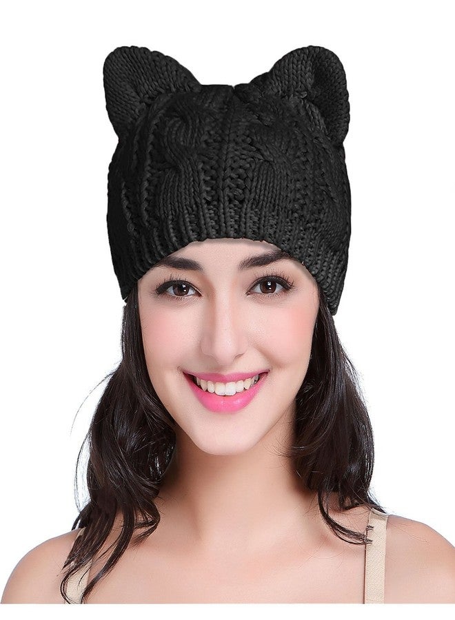 V28 Women Men Girls Boys Teens Cute Cat Ear Knit Cable Xmas Hat Cap Beanie Kittenear Black Medium - Image 1
