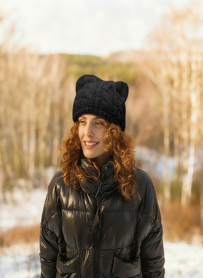 V28 Women Men Girls Boys Teens Cute Cat Ear Knit Cable Xmas Hat Cap Beanie Kittenear Black Medium - Image 3
