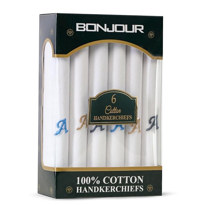 Bonjour Men’s Premium White Cotton Handkerchiefs with Alphabet Initial A to Z | Soft, Absorbent & Durable | Pack of 6 - Image 4