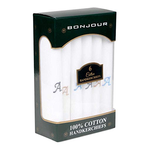 Bonjour Men’s Premium White Cotton Handkerchiefs with Alphabet Initial A to Z | Soft, Absorbent & Durable | Pack of 6 - Image 5